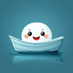 Happy cartoon character sailing in a small boat on a calm blue sea during a sunny day