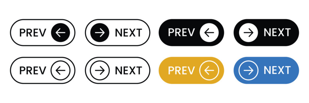 Next and previous button collection. Next, previous arrow signs, Previous, next web button symbol.
