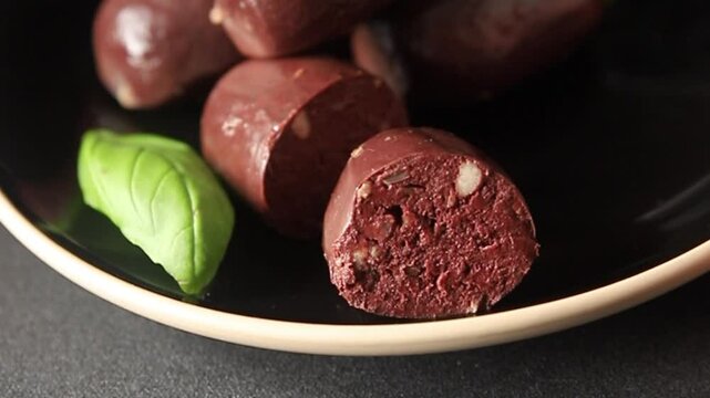 Black pudding sausage fresh delicious gourmet food background on the table rustic food top view copy space
