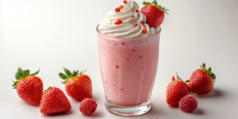 Strawberry milkshake topped with whipped cream and fresh berries on a white background