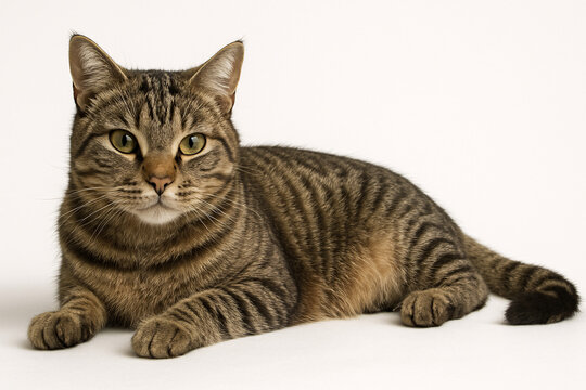 Tabby Cat Lying Down on White Background