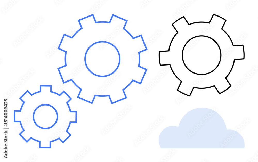 Poster three cogs in motion symbolizing teamwork, process automation, and integration with a cloud icon bel