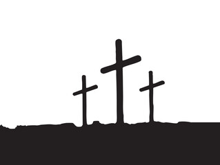 Three Christian Crosses on Hill Silhouette Isolated on White Background