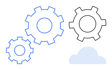 Three cogs in motion symbolizing teamwork, process automation, and integration with a cloud icon below. Ideal for technology, cloud computing, engineering, business systems, data flow, teamwork