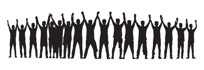 Silhouette Group of People Standing Together with Raised Hands