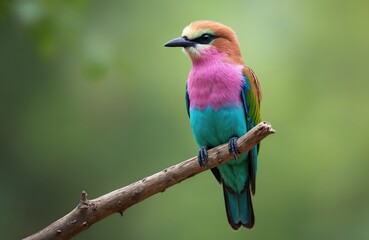 Vibrant lilac-breasted roller Coracias caudatus perched on branch. Beautiful African bird with colorful feather plumage in natural habitat. Green background, wildlife in the wild.