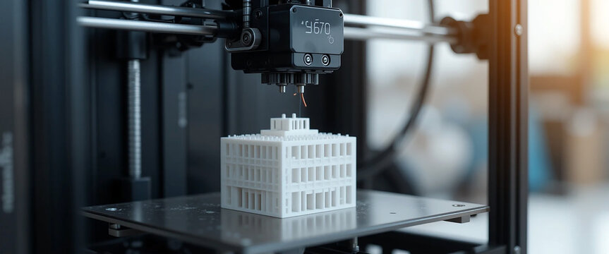 3d printer printing a building model 