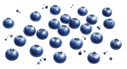 Watercolor Illustration Presents A Delightful Array Of Fresh Blueberries Artfully Scattered Across A Bright White Background Creating A Clean And Vibrant Feel