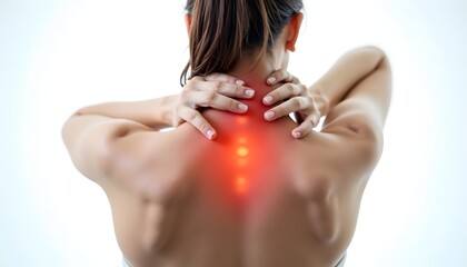 Woman experiencing severe neck pain, red highlighted area indicates pain location.