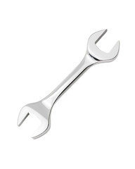 A gleaming, silver-toned open-end wrench presented against a stark black backdrop, emphasizing its sleek design and utility. Perfect for various mechanical tasks.