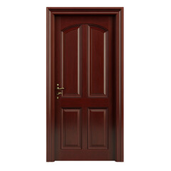 Fototapeta premium Elegant wooden door with four panels, featuring a rich reddish-brown finish and brass handle. Classic design, inviting entrance. Sophisticated interior accent.