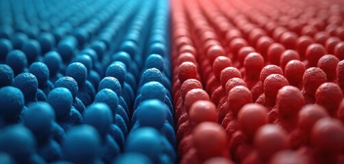 Illustration political division society. Red versus blue, opposing groups. Representation of separation in society. Abstract visual metaphor for differing political views. Concepts of democracy,