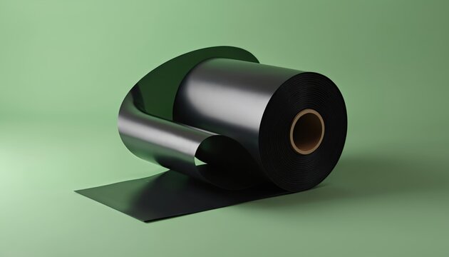 Black wax ribbon roll for thermal transfer printer. Core on green background. Printing tech, industrial supplies, labels. Barcode labels, product marking, packaging design, logistics, delivery tech,