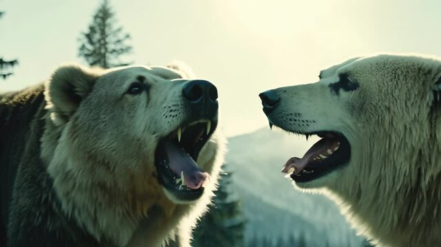 Two large polar bears engage in playful physical interaction rolling and wrestling on snowy ground in arctic tundra habitat showing natural wildlife behavior and social bonding