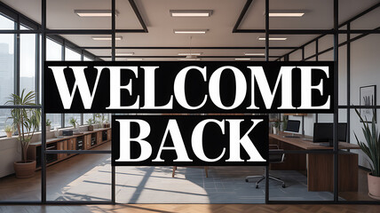 Welcome back sign in modern office with glass walls and wooden furniture inside