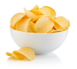 Potato chips in bowl isolated on white background