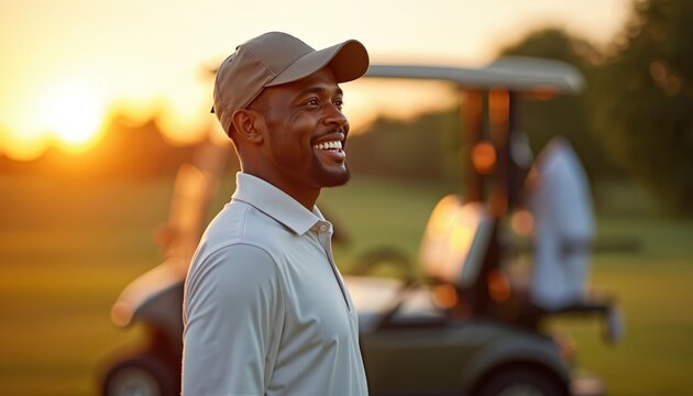 Smiling African American golfer enjoys sunset. Golf player stands course. Happy man, golf cart, sunny weather, leisure activity, training. Sport, hobby, wealth, prosperous lifestyle.