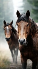 Obraz premium Horses walk through a misty forest path in early morning light, displaying grace and beauty in a tranquil setting