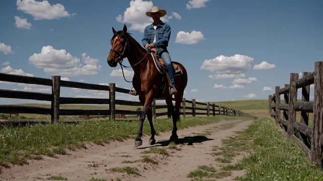 Cowboy wearing denim jacket and straw hat riding brown horse along dusty track between wooden split rail fences on sunny day with white clouds and green grass