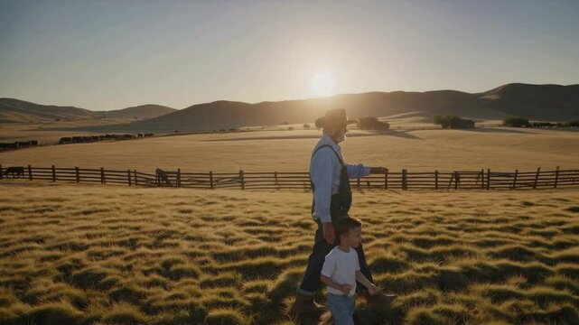 Senior farmer teaching his grandson about their cattle on a beautiful farm at sunset, passing down knowledge and tradition to the next generation