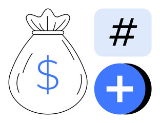 Money bag with dollar sign, metadata tag, and plus symbol emphasizing finance, saving, investments, social media, analytics, goal tracking and collaboration. Ideal for fintech apps to simple landing