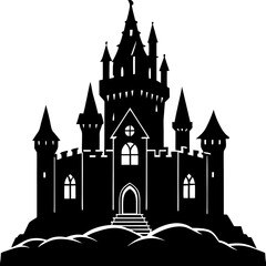 Obraz premium Black and White Castle Silhouette: Fantasy Architecture Art