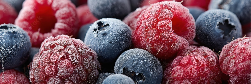 Poster frost-covered blueberries and raspberries create a vibrant and refreshing display in winter mornings