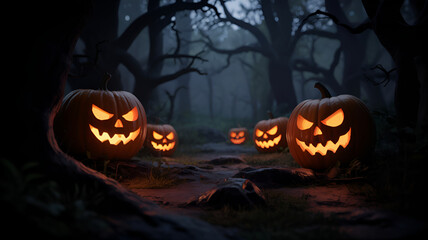 Spooky Halloween Forest Scene with Glowing Jack-o’-Lanterns – Scary Pumpkin Night Background for Horror Themes