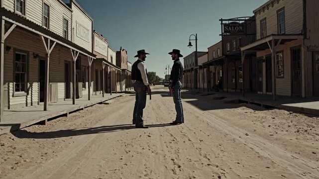 Two cowboys standing in the dusty street of an old west town, facing each other with intense determination, poised for a dramatic showdown at high noon under the blazing sun