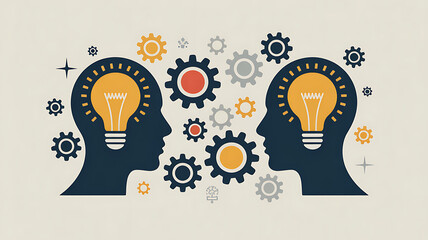 Two head profiles with lightbulbs and gears symbolizing collaboration idea