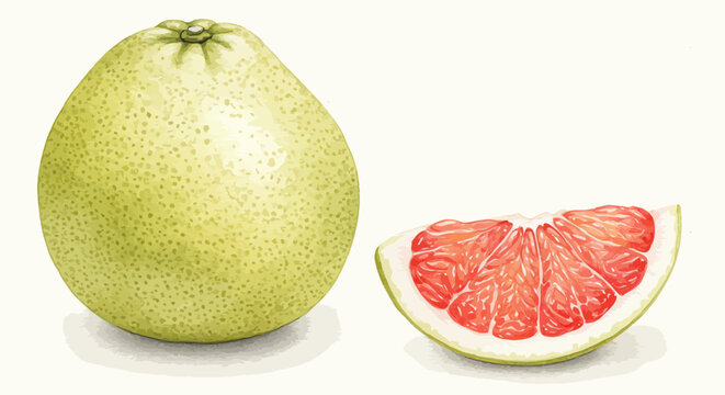 Watercolor Depiction Presents A Whole Pomelo And A Juicy Slice With Vibrant Pink Segments On A White Background Showcasing The Fruits Texture And Color