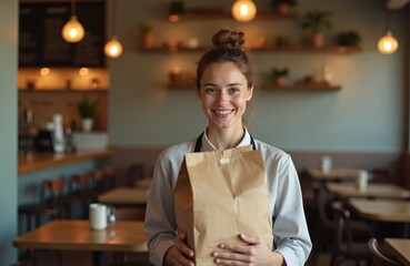 Smiling woman waitress holding take away food in restaurant. Happy female worker with paper bag, take-out order service. Small business, online order concept. Customer buy food from cafe.