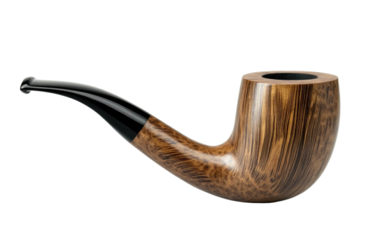 Elegant tobacco pipe crafted from wood grain with black stem isolated on black background