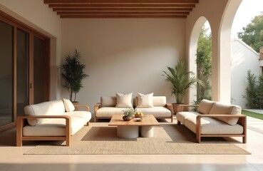 Elegant living room with wooden finishes creating cozy ambience. Modern furniture, soft beige sofas, wooden coffee table. Interior design, home decor with natural sunlight. Luxury apartment with