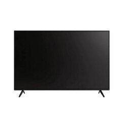 Modern flat screen television display with slim profile, simple design and matte black finish stands out against a dark, neutral background.