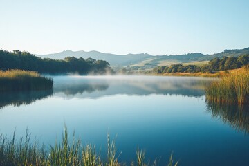 Fototapeta premium Serene lake reflection under a hazy sky surrounded by lush greenery landscape