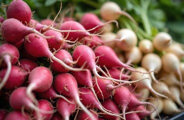 Close-up radishes at market counter. Fresh organic red vegetables, healthy diet. Harvested spring summer season. Vegan ingredient for tasty salads, raw eat, natural food.