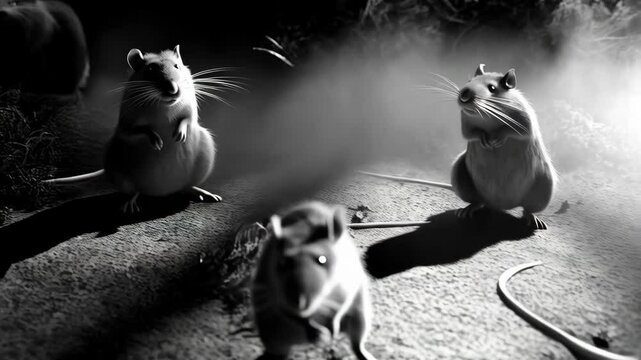 A group of rats in a dark, foggy environment, some standing, some running, in grayscale with dramatic lighting.