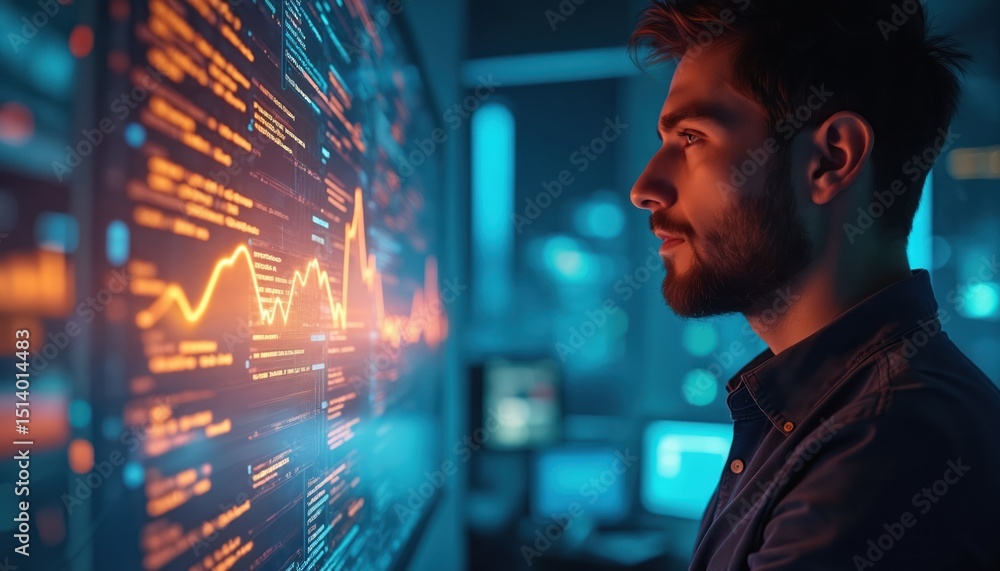 Poster Remote pro analyzes 3D glowing predictive analytics with 2D live updates for decision-making. Data analyst monitors financial graphs, tech code, business analysis on big screen. 4k resolution,