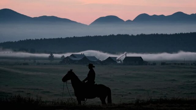 Silhouette of cowboy riding horse in front of ranch at sunrise with fog and mountains in the background, creating a serene and evocative scene of western life