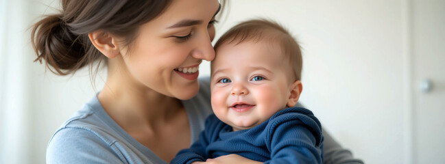 wide closeup photo of mother and a newborn baby smiling with copy space  