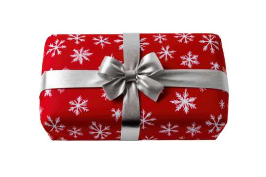 Festive holiday gift wrapped in red snowflake paper and silver ribbon on black background