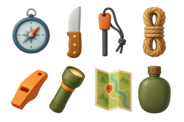 Survival tools icons set – 3d, camping and outdoor essentials symbols