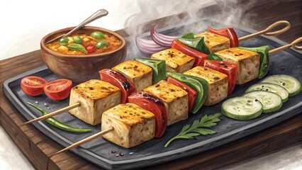 Grilling paneer tikka skewers with charcoal grilled vegetables a flavorful culinary experience in your backyard