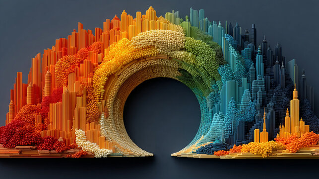 Vibrant 3D circular progress bar with multiple colorful segments and smooth gradient transitions. Modern digital design ideal for UI dashboards, data visualization, and tech presentations with space f