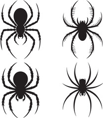  A vector illustration set of four black spider silhouettes on white background