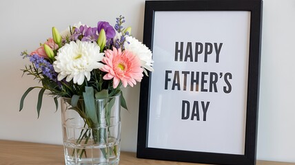 Still life with flowers in vase and happy father's day framed print on table