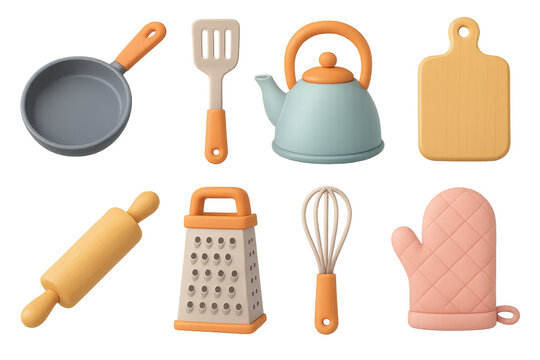 3d kitchen essentials icons set – simple cooking and culinary tools collection