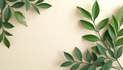 Elegant minimalist nature background with fresh green leaves branches. Beige background for business, presentations, eco-friendly design, advertising. Modern, trendy, stylish wallpaper. Copy space.
