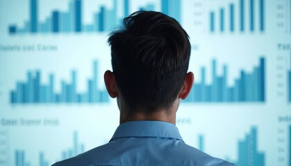 Businessman analyze sales data, projections on screen. Corporate strategy session, finance report. Business planning, goal setting, monitoring trends, statistics. Economic growth, performance, market